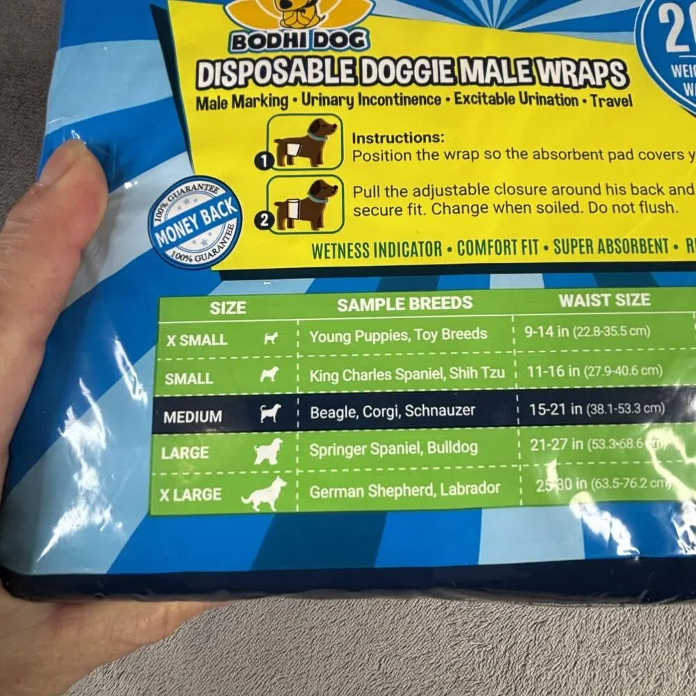 Bodhi Dog Disposable Male Doggie Wraps 20 Pack Medium 15-35 lbs Waist 15-21 Inch
